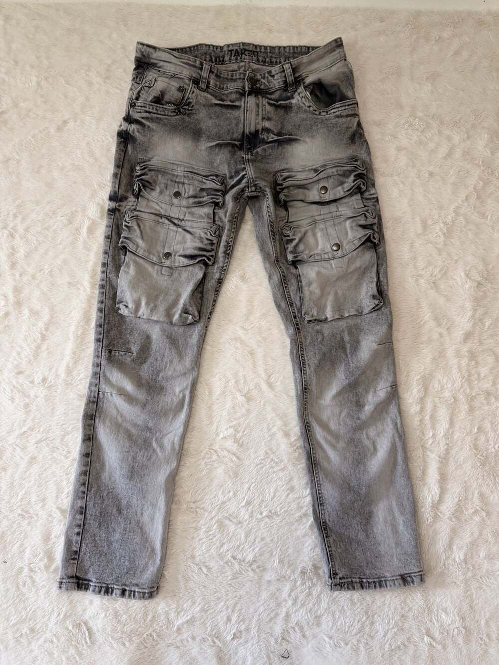 TAKER Acid Wash Grey Multi Pocket Cargo Jeans 34x30 Stretch Streetwear
